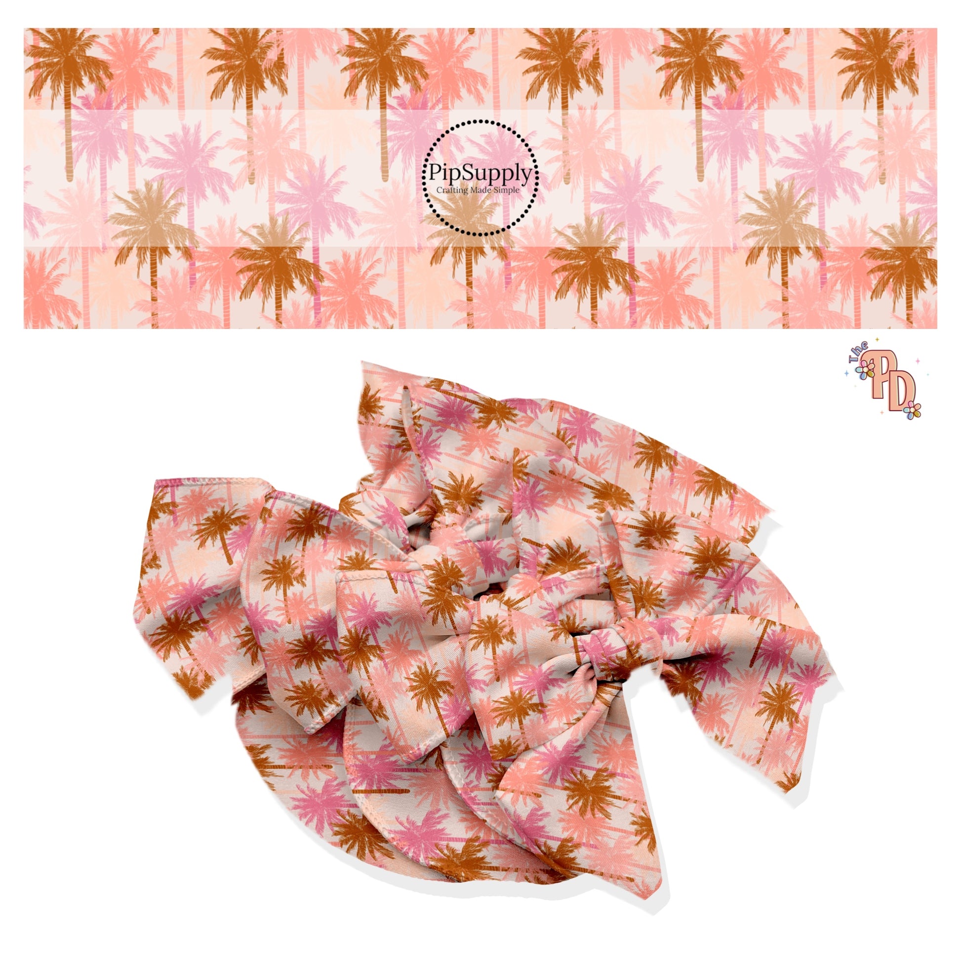 These summer floral themed no sew bow strips can be easily tied and attached to a clip for a finished hair bow. These summer patterned bow strips are great for personal use or to sell. These bow strips feature multi colored pink palm trees.