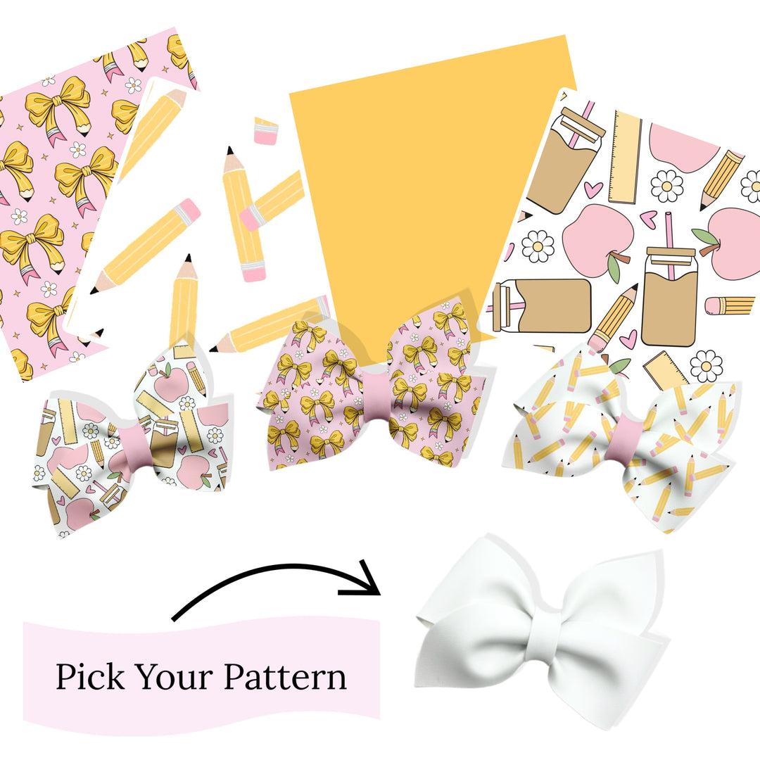 Use your own seamless pattern to make pinwheel faux leather bows. These hair bows are easy to cut and assemble. You will receive your bows printed on a sheet of faux leather based on your color/pattern selections. The piece will come flat and uncut and will need to be finished by the purchaser which includes cutting, assembling and attaching to either a clip or headband. Any additional items used to finish the bows will need to be provided by the purchaser and are not included in this listing.