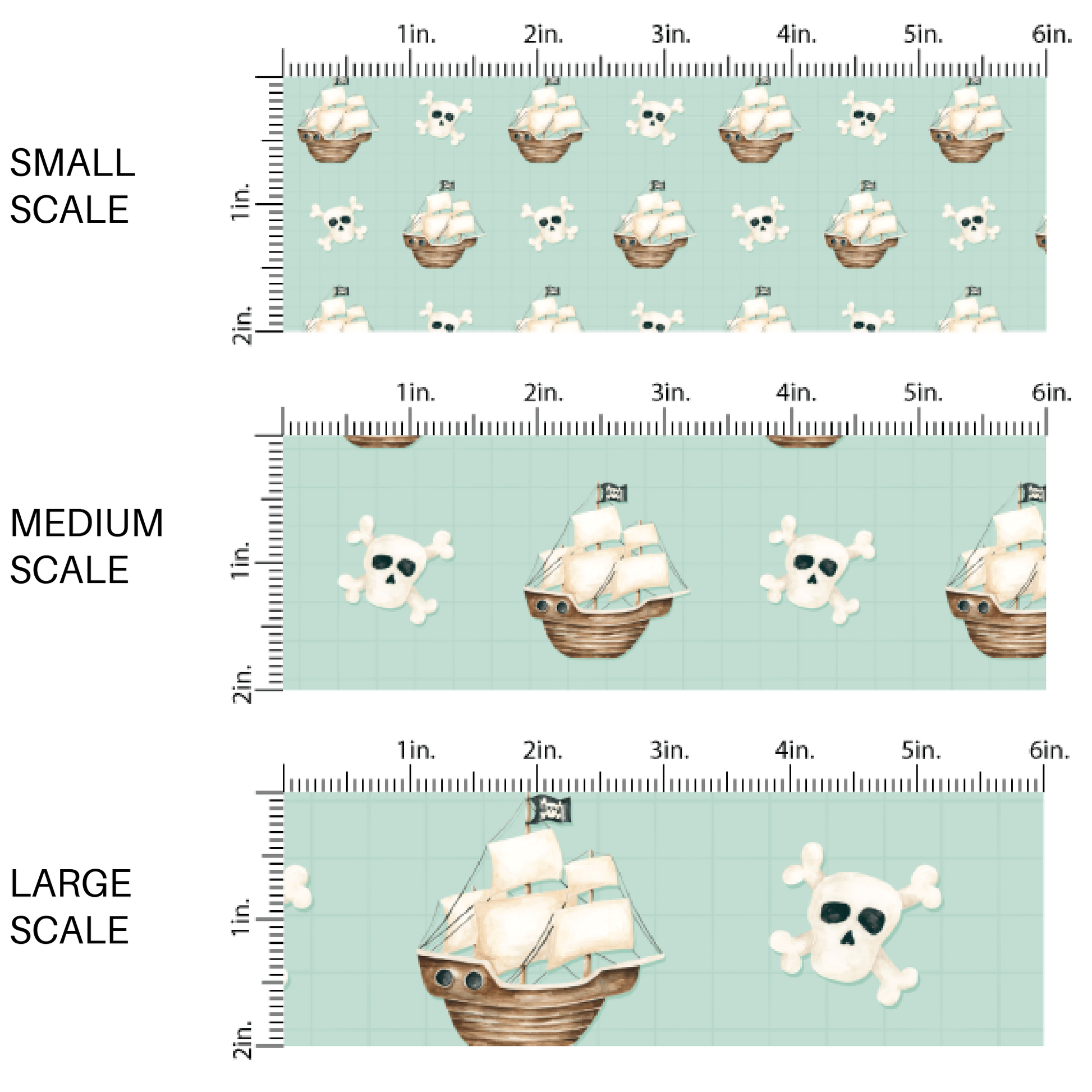 This scale chart of small scale, medium scale, and large scale of these pirate ship themed light blue fabric by the yard features crossbones, skulls, and pirate ships on light blue. This fun themed fabric can be used for all your sewing and crafting needs! 