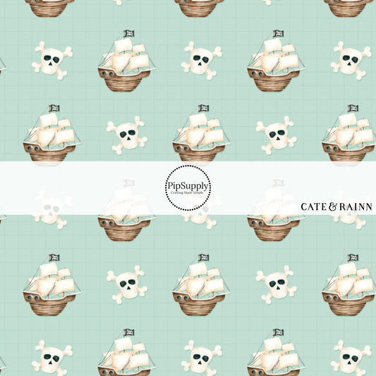 These pirate ship themed light blue fabric by the yard features crossbones, skulls, and pirate ships on light blue. This fun themed fabric can be used for all your sewing and crafting needs! 