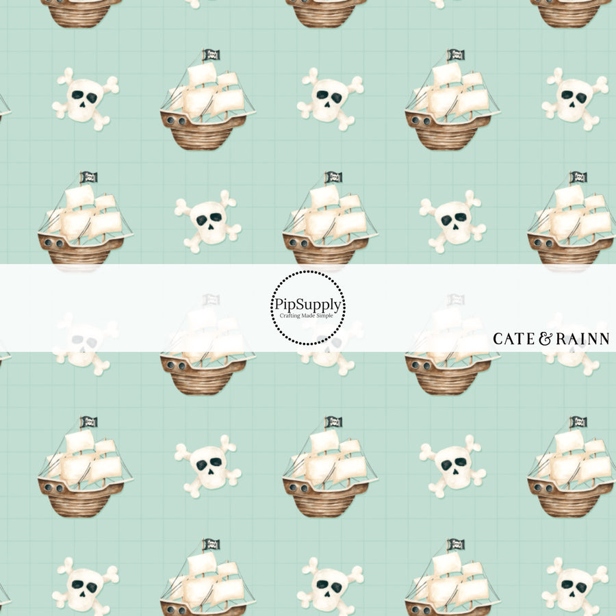 These pirate ship themed light blue fabric by the yard features crossbones, skulls, and pirate ships on light blue. This fun themed fabric can be used for all your sewing and crafting needs! 