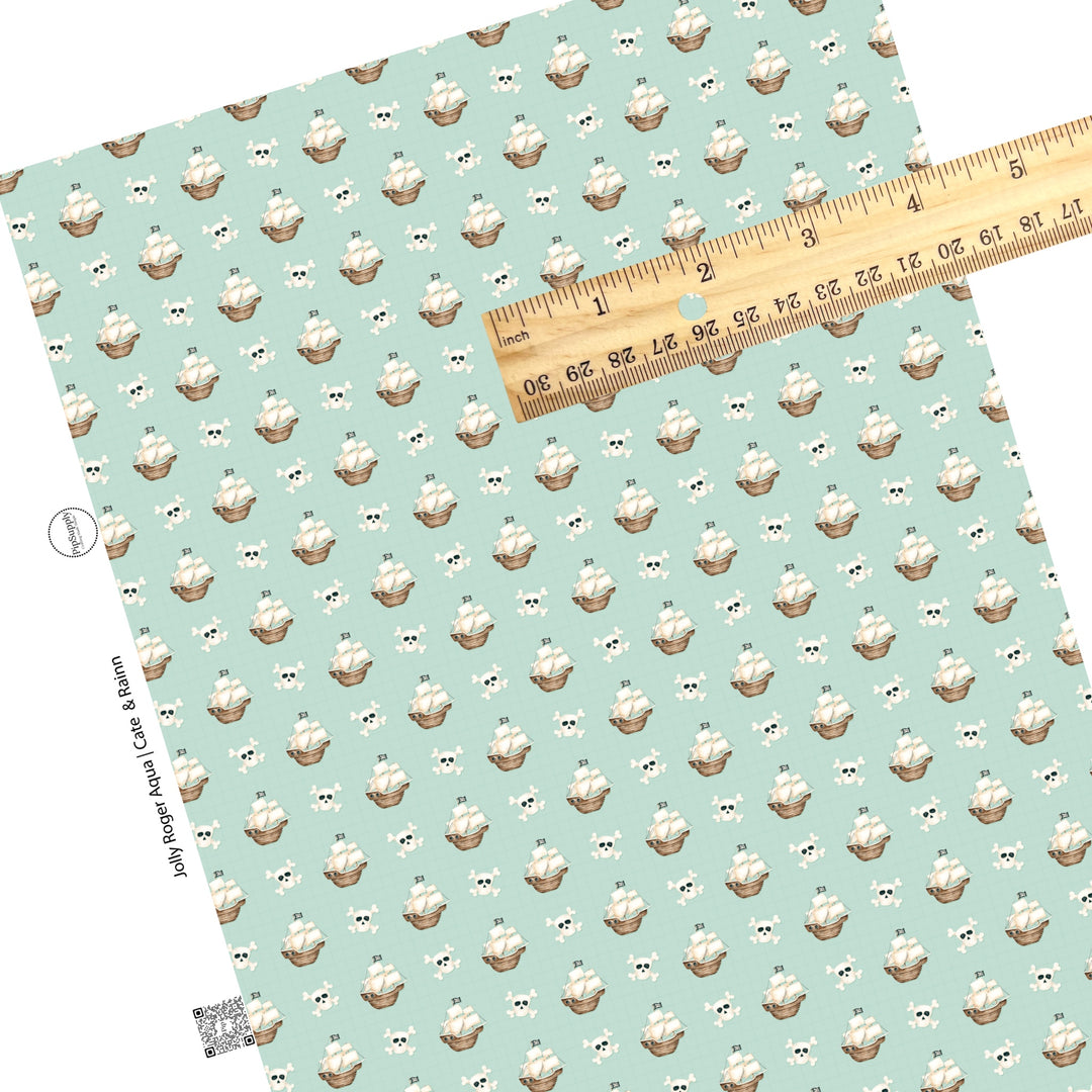 These pirate ship themed light blue faux leather sheets contain the following design elements: crossbones, skulls, and pirate ships on light blue. Our CPSIA compliant faux leather sheets or rolls can be used for all types of crafting projects.