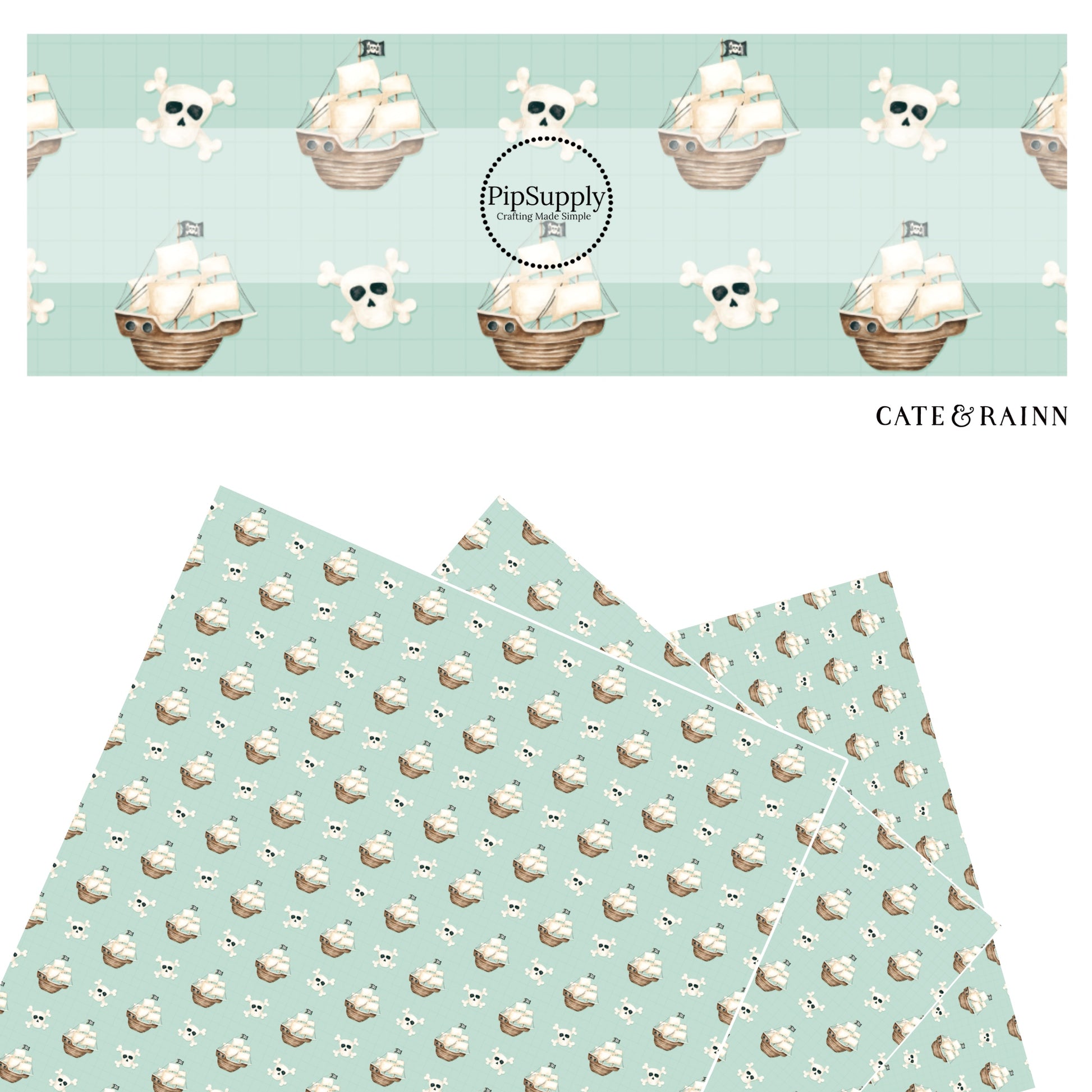 These pirate ship themed light blue faux leather sheets contain the following design elements: crossbones, skulls, and pirate ships on light blue. Our CPSIA compliant faux leather sheets or rolls can be used for all types of crafting projects.