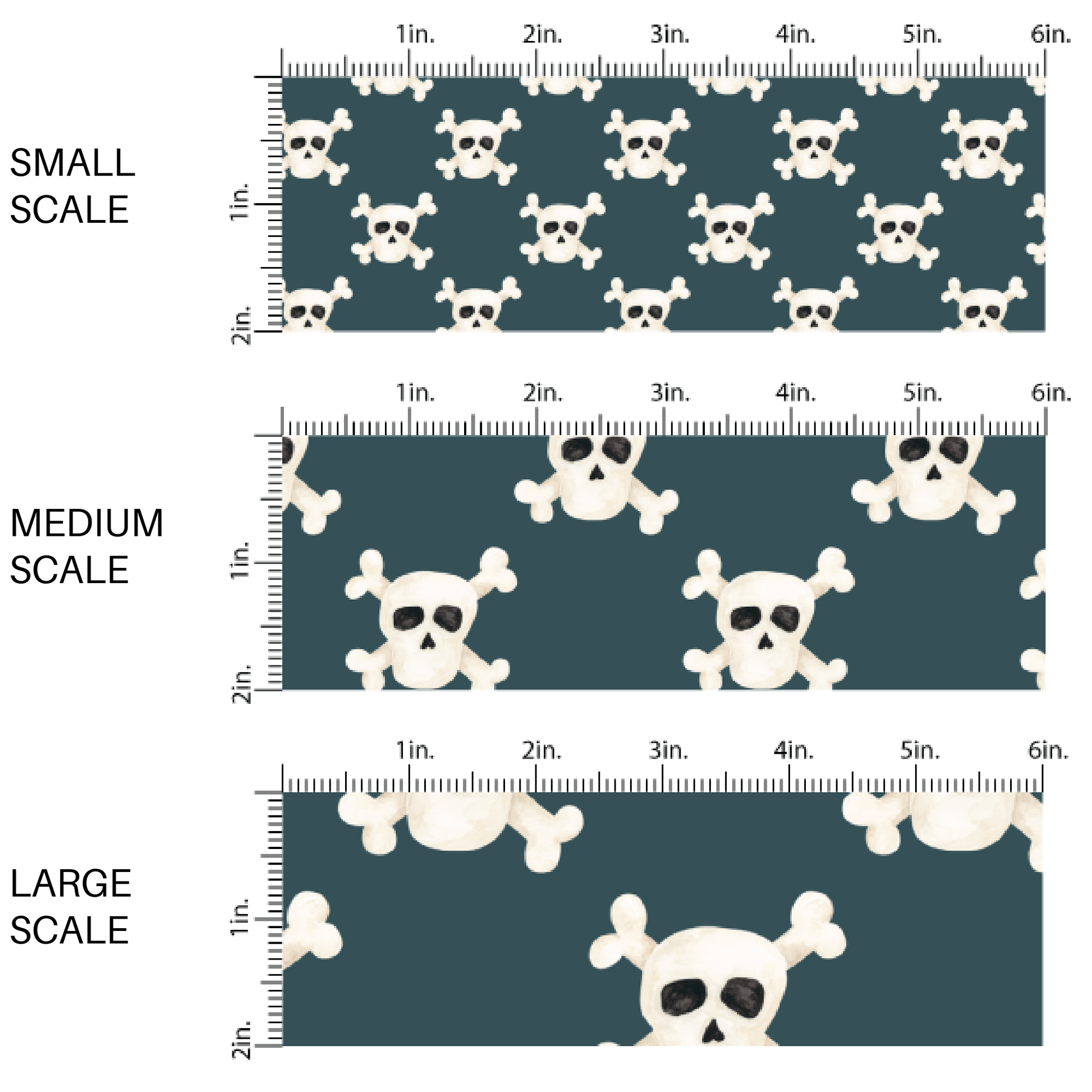 This scale chart of small scale, medium scale, and large scale of these skull themed blue fabric by the yard features crossbones and skulls on dark blue. This fun themed fabric can be used for all your sewing and crafting needs! 
