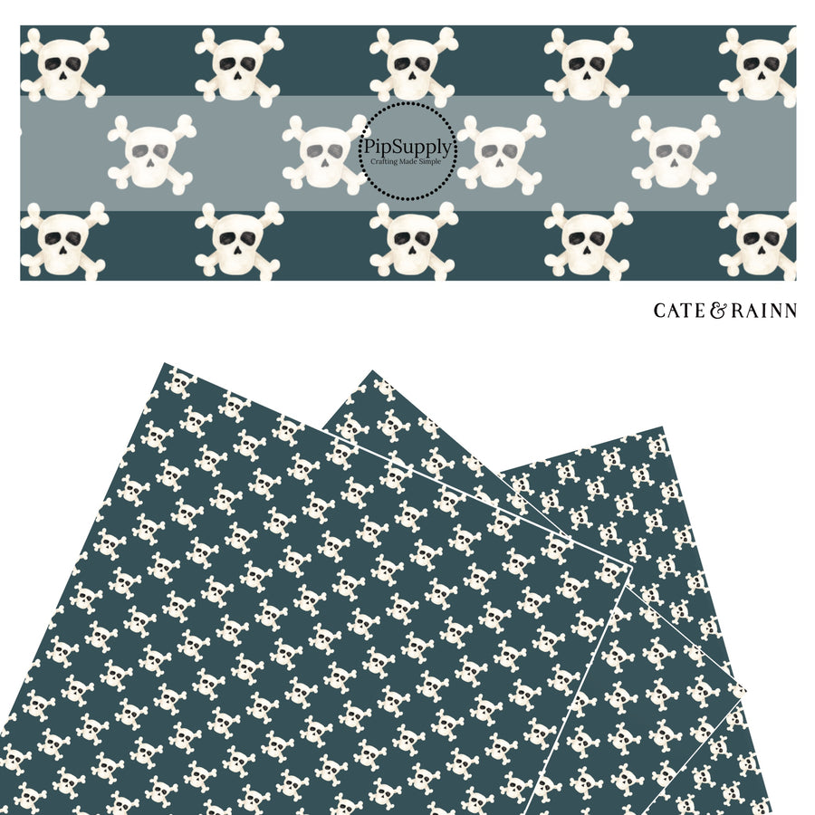 These skull themed blue faux leather sheets contain the following design elements: crossbones and skulls on dark blue. Our CPSIA compliant faux leather sheets or rolls can be used for all types of crafting projects.