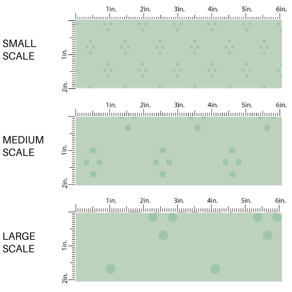 This scale chart of small scale, medium scale, and large scale of this summer fabric by the yard features dots on pistachio green. This fun summer themed fabric can be used for all your sewing and crafting needs!