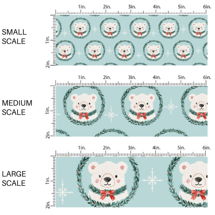 These Christmas themed pattern fabric by the yard features the following design elements: polar bear wreaths on blue. This fun themed fabric can be used for all your sewing and crafting needs!