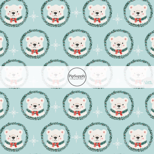 These Christmas themed pattern fabric by the yard features the following design elements: polar bear wreaths on blue. This fun themed fabric can be used for all your sewing and crafting needs!