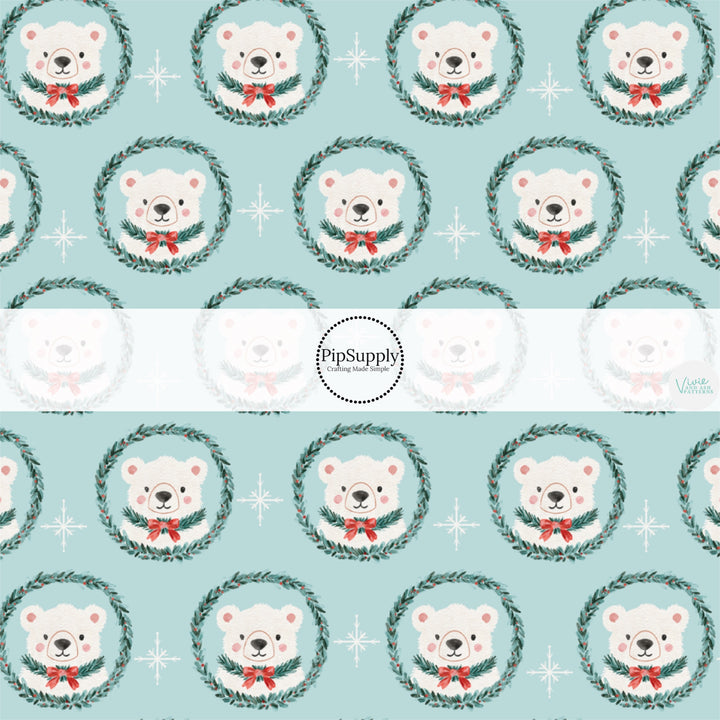 These Christmas themed pattern fabric by the yard features the following design elements: polar bear wreaths on blue. This fun themed fabric can be used for all your sewing and crafting needs!