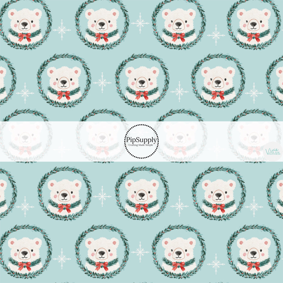 These Christmas themed pattern fabric by the yard features the following design elements: polar bear wreaths on blue. This fun themed fabric can be used for all your sewing and crafting needs!