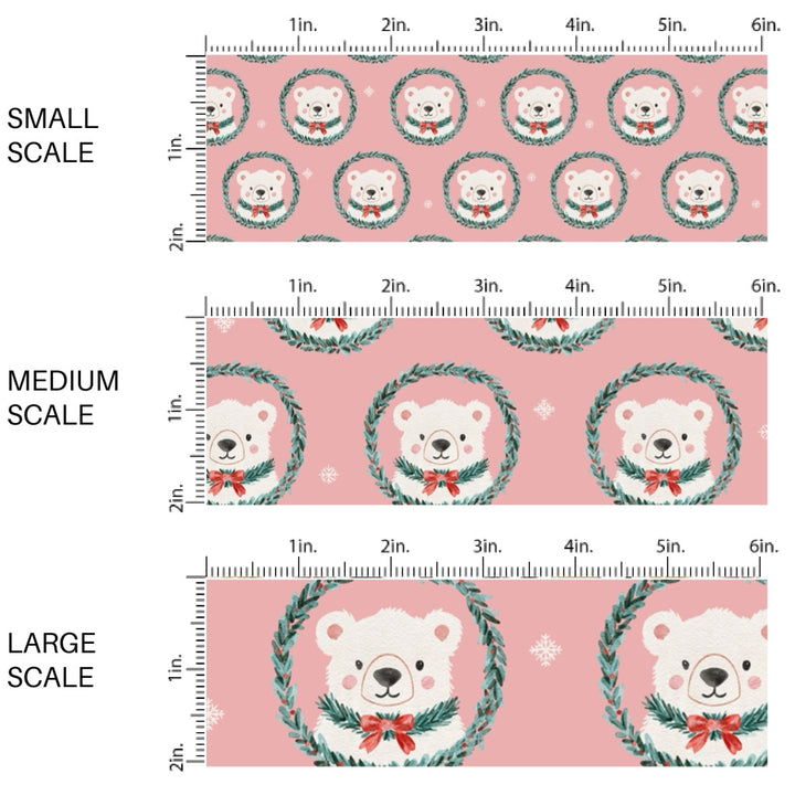 These Christmas themed pattern fabric by the yard features the following design elements: polar bear wreaths on pink. This fun themed fabric can be used for all your sewing and crafting needs!