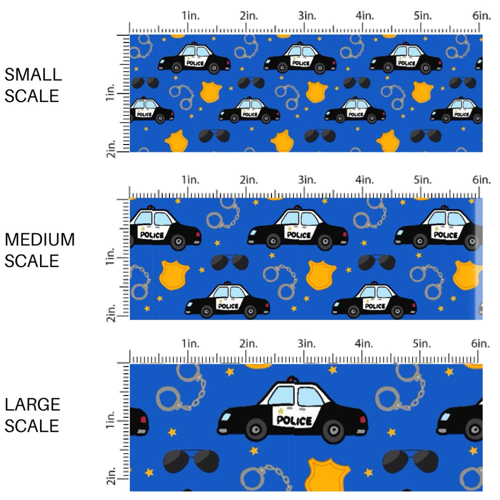 These police themed fabric by the yard features police cars, badges, and handcuffs. These pattern fabric can be used for all your sewing and crafting needs!