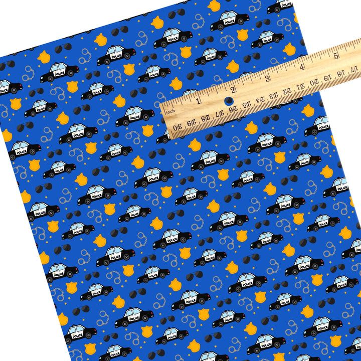 These police themed faux leather sheets contain the following design elements: police cars, badges, and handcuffs. Our CPSIA compliant faux leather sheets or rolls can be used for all types of crafting projects.