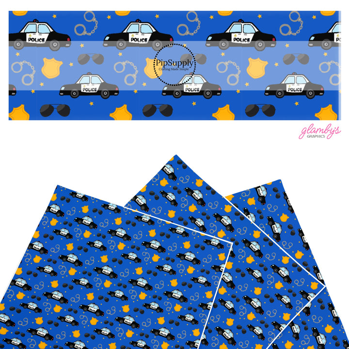 These police themed faux leather sheets contain the following design elements: police cars, badges, and handcuffs. Our CPSIA compliant faux leather sheets or rolls can be used for all types of crafting projects.