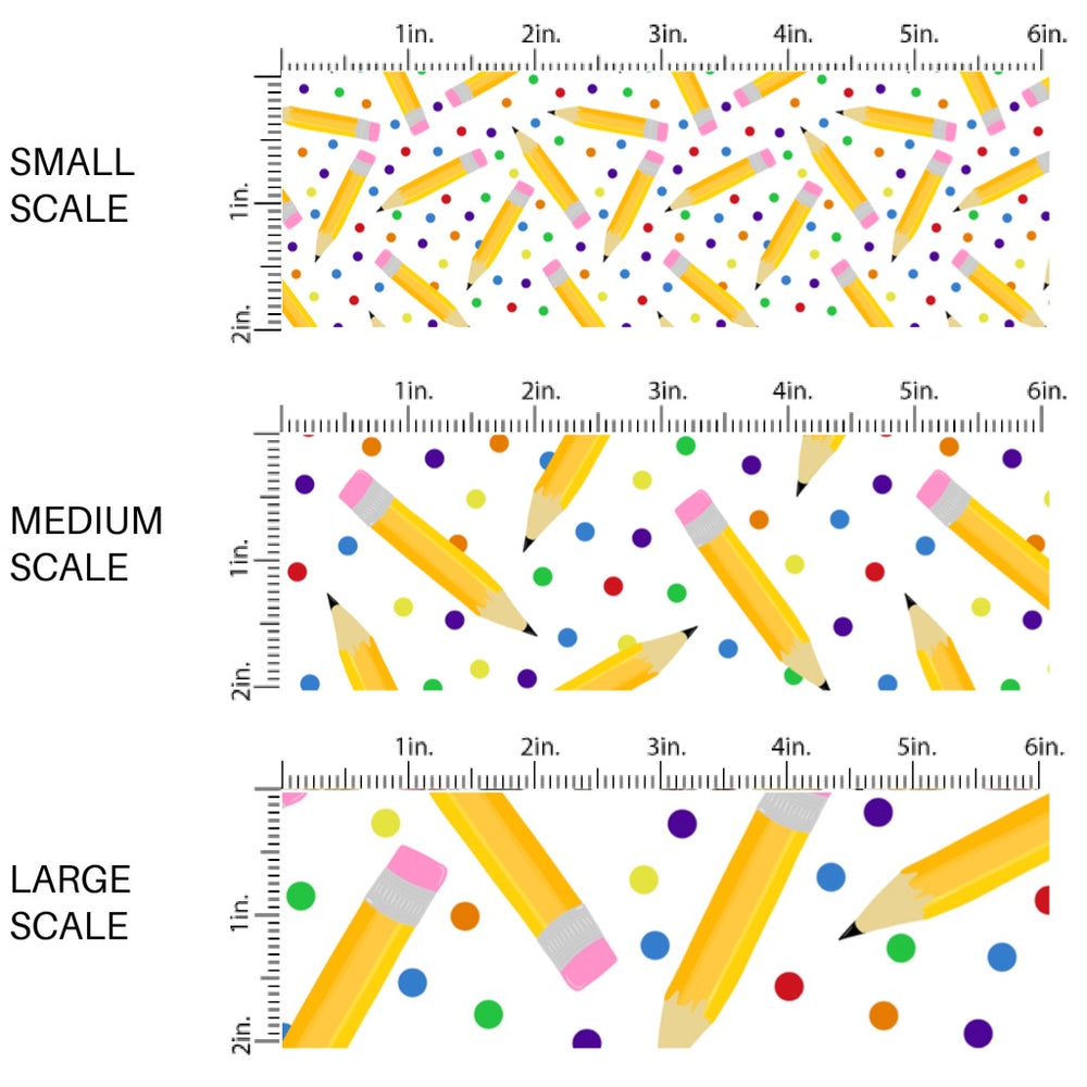 This scale chart of small scale, medium scale, and large scale of this school supply fabric by the yard features pencils and colorful dots. This fun themed fabric can be used for all your sewing and crafting needs!