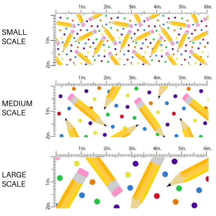 This scale chart of small scale, medium scale, and large scale of this school supply fabric by the yard features pencils and colorful dots. This fun themed fabric can be used for all your sewing and crafting needs!