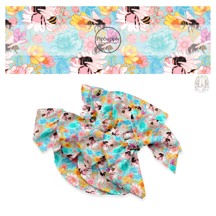 These spring floral pattern themed no sew bow strips can be easily tied and attached to a clip for a finished hair bow. These patterned bow strips are great for personal use or to sell. These bow strips features bright colored flowers surrounded by bees.