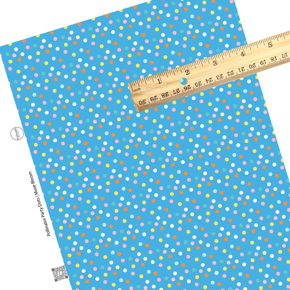 These spring dots pattern themed faux leather sheets contain the following design elements: bright multi colored dots on blue. Our CPSIA compliant faux leather sheets or rolls can be used for all types of crafting projects.