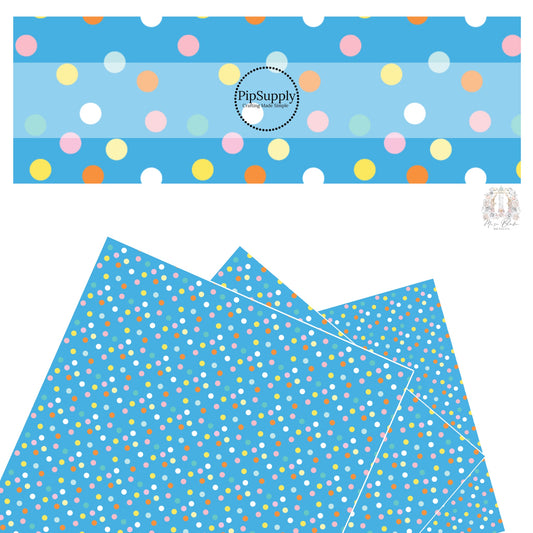 These spring dots pattern themed faux leather sheets contain the following design elements: bright multi colored dots on blue. Our CPSIA compliant faux leather sheets or rolls can be used for all types of crafting projects.