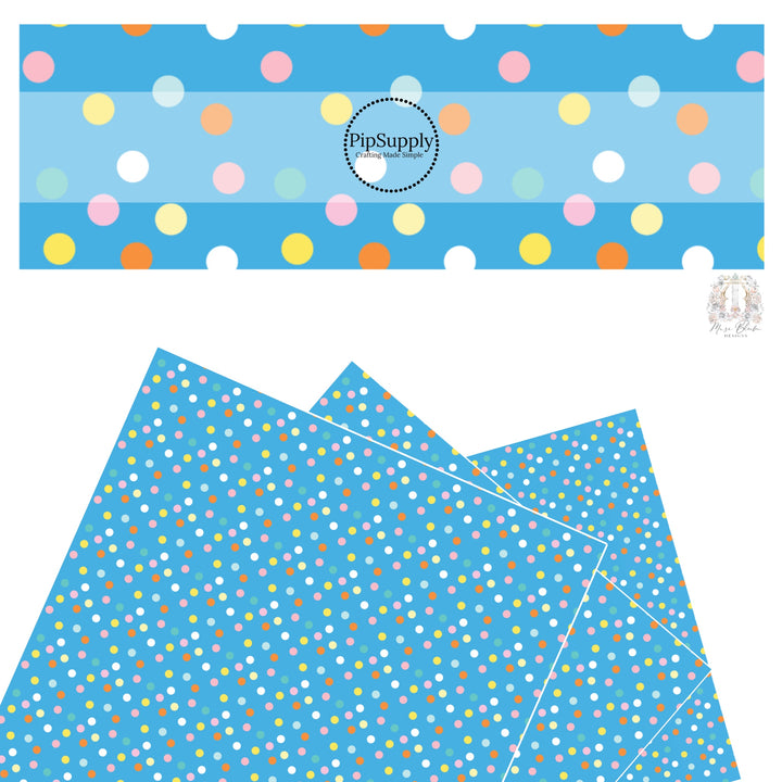 These spring dots pattern themed faux leather sheets contain the following design elements: bright multi colored dots on blue. Our CPSIA compliant faux leather sheets or rolls can be used for all types of crafting projects.