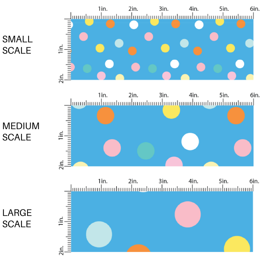 Pink, Yellow, Orange, and Light Blue Dots on Bright Blue Fabric by the Yard scaled image guide.