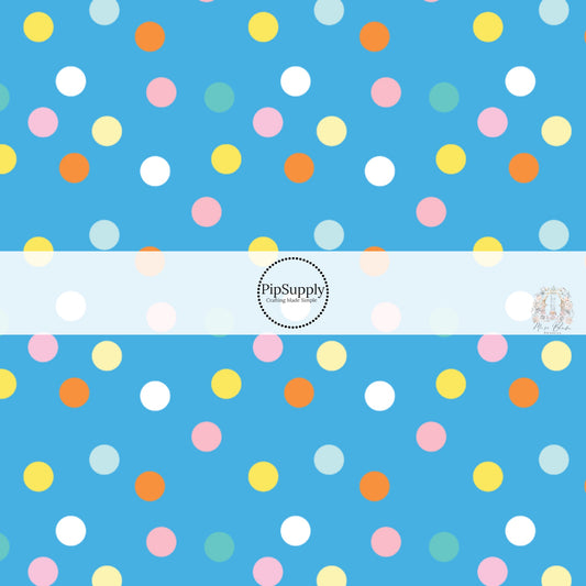 Pink, Yellow, Orange, and Light Blue Dots on Bright Blue Fabric by the Yard.