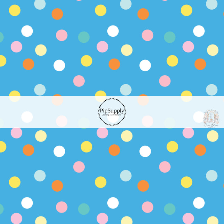 Pink, Yellow, Orange, and Light Blue Dots on Bright Blue Fabric by the Yard.