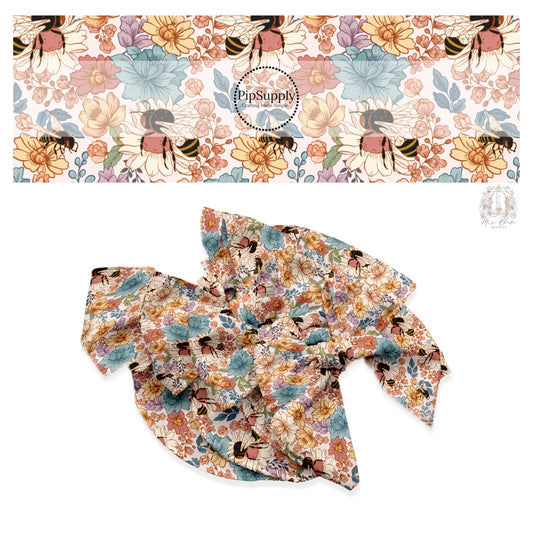 These spring floral pattern themed no sew bow strips can be easily tied and attached to a clip for a finished hair bow. These patterned bow strips are great for personal use or to sell. These bow strips features muted colored flowers surrounded by bees.