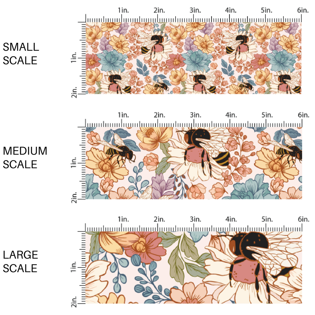 Muted Pink, Yellow, and Orange Florals and Bumblebees on Cream Fabric by the Yard scaled image guide.