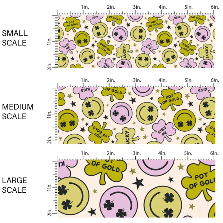 This holiday fabric by the yard features smiley faces and shamrocks. This festive pattern fabric can be used for all your sewing and crafting needs!