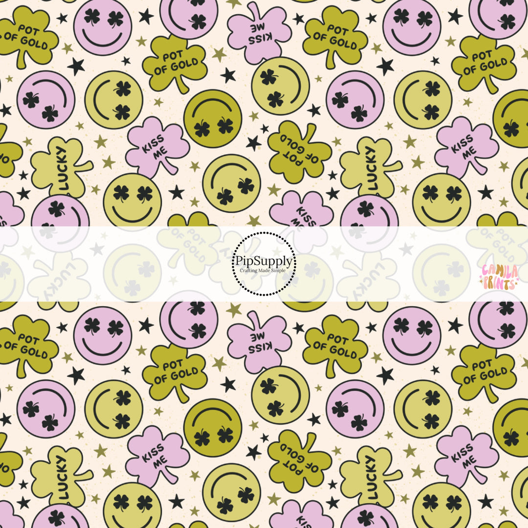 This holiday fabric by the yard features smiley faces and shamrocks. This festive pattern fabric can be used for all your sewing and crafting needs!