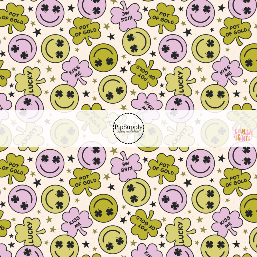 This holiday fabric by the yard features smiley faces and shamrocks. This festive pattern fabric can be used for all your sewing and crafting needs!