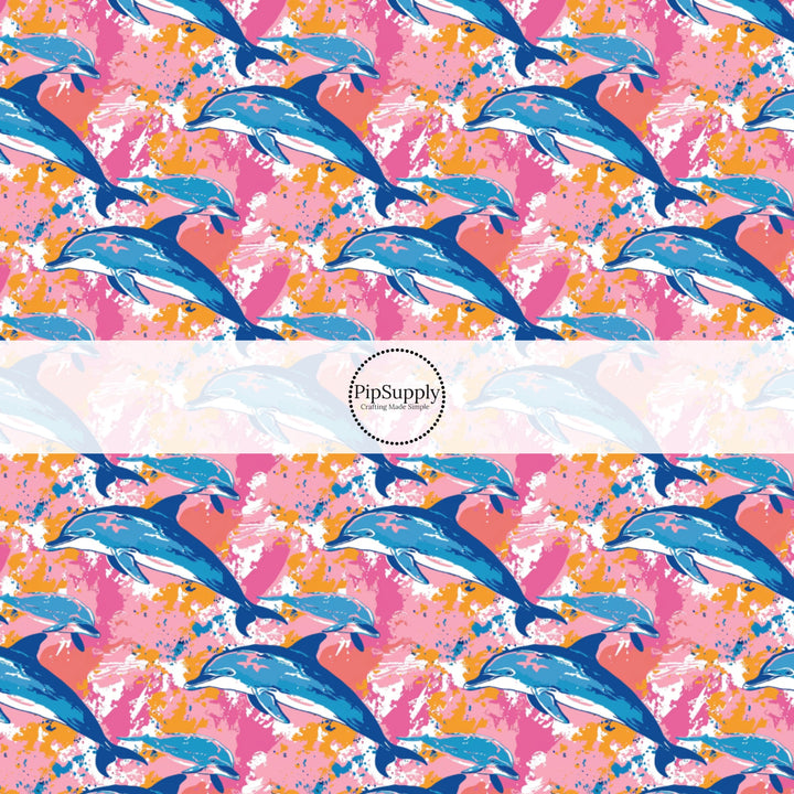 These beach themed fabric by the yard features dolphins on pink. This fun pattern fabric can be used for all your sewing and crafting needs!