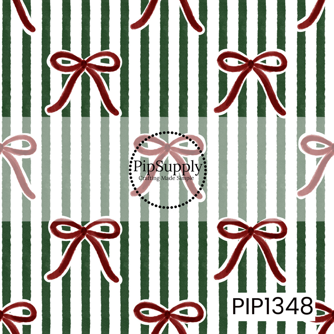 A preppy Christmas seamless pattern featuring hand-drawn deep red ribbon bows scattered across alternating forest green, muted sage green, and white vertical stripes. The slightly textured stripes and watercolor-style bows give this design a charming, vintage-inspired look with a classic holiday color palette.