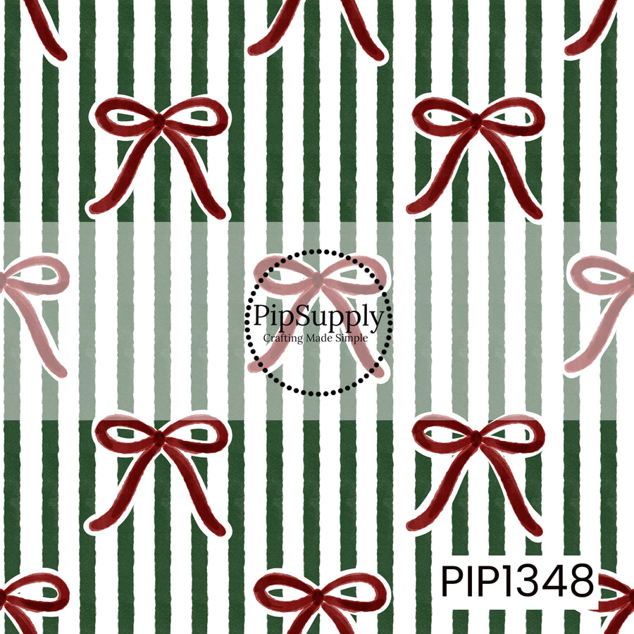 A preppy Christmas seamless pattern featuring hand-drawn deep red ribbon bows scattered across alternating forest green, muted sage green, and white vertical stripes. The slightly textured stripes and watercolor-style bows give this design a charming, vintage-inspired look with a classic holiday color palette.