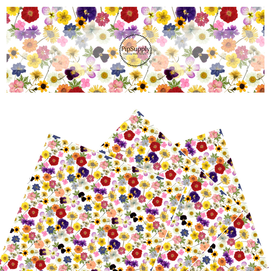 These floral themed faux leather sheets contain the following design elements: pressed wildflowers. Our CPSIA compliant faux leather sheets or rolls can be used for all types of crafting projects.