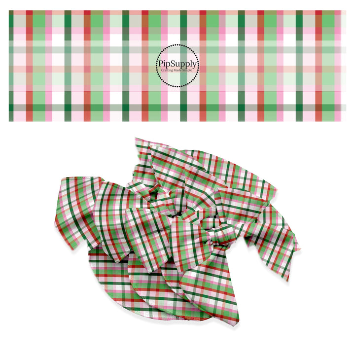 These winter gingham themed no sew bow strips can be easily tied and attached to a clip for a finished hair bow. These fun patterned bow strips are great for personal use or to sell. These bow strips feature the following design elements: colorful Christmas gingham pattern.