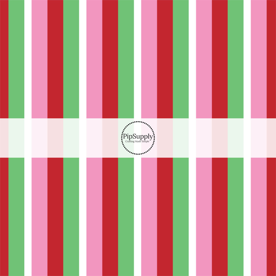 These winter stripe themed pattern fabric by the yard features the following design elements: colorful Christmas stripe pattern. This fun themed fabric can be used for all your sewing and crafting needs!