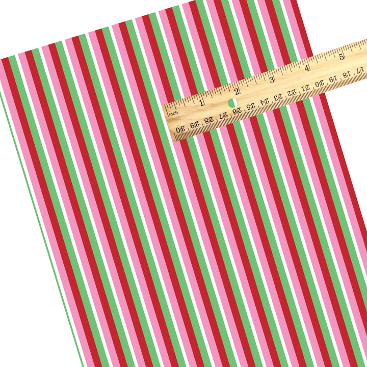 These winter stripe themed pattern faux leather sheets contain the following design elements: colorful Christmas stripe pattern. Our CPSIA compliant faux leather sheets or rolls can be used for all types of crafting projects.