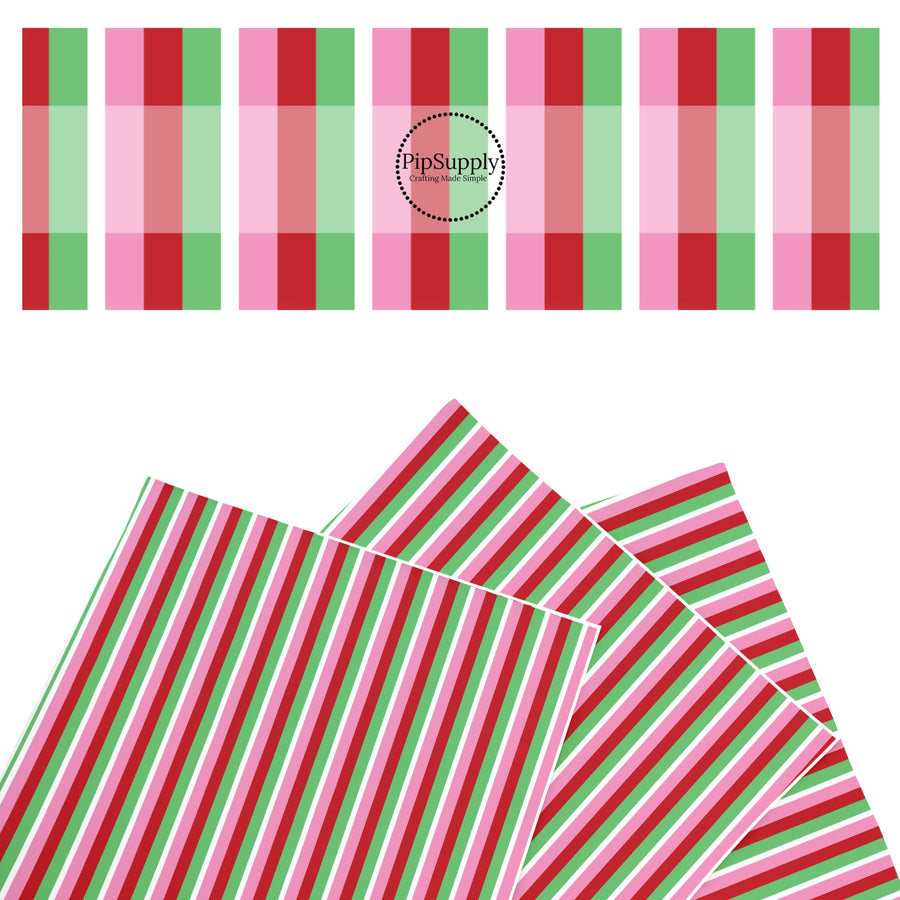 These winter stripe themed pattern faux leather sheets contain the following design elements: colorful Christmas stripe pattern. Our CPSIA compliant faux leather sheets or rolls can be used for all types of crafting projects.