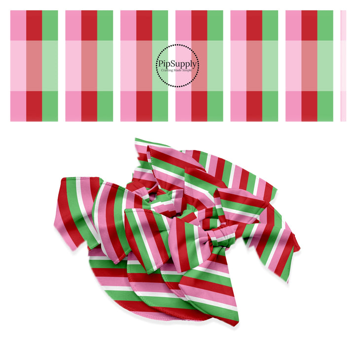 These winter stripe themed no sew bow strips can be easily tied and attached to a clip for a finished hair bow. These fun patterned bow strips are great for personal use or to sell. These bow strips feature the following design elements: colorful Christmas stripe pattern.