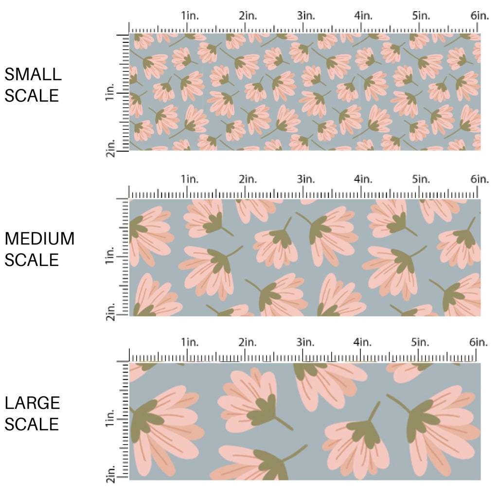This scale chart of small scale, medium scale, and large scale of this summer fabric by the yard features pink wildflowers on blue. This fun summer themed fabric can be used for all your sewing and crafting needs!