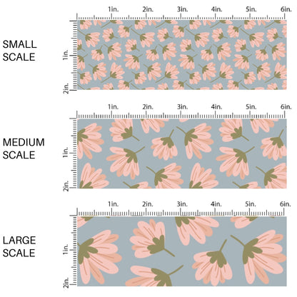 This scale chart of small scale, medium scale, and large scale of this summer fabric by the yard features pink wildflowers on blue. This fun summer themed fabric can be used for all your sewing and crafting needs!