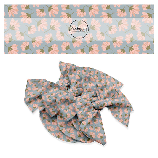These summer floral themed no sew bow strips can be easily tied and attached to a clip for a finished hair bow. These summer patterned bow strips are great for personal use or to sell. These bow strips feature pink wildflowers on blue.