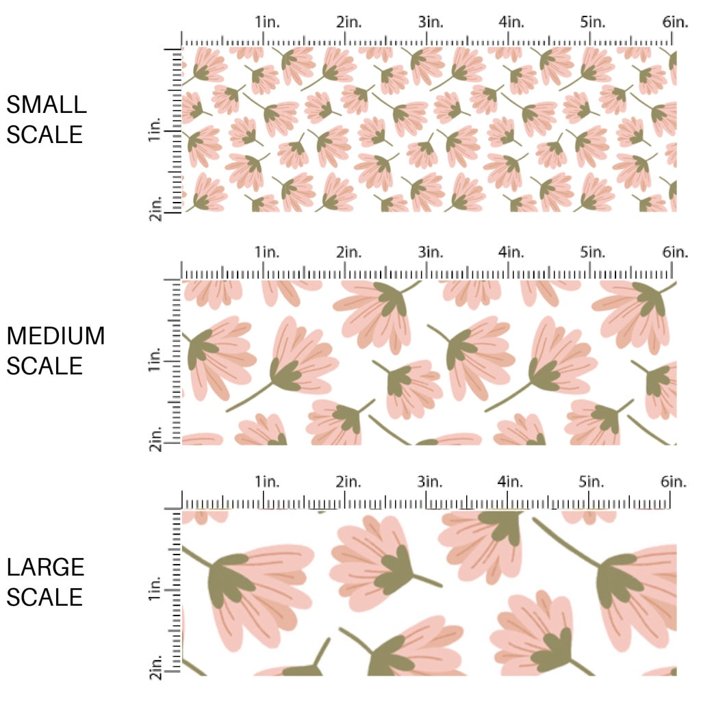This scale chart of small scale, medium scale, and large scale of this summer fabric by the yard features pink wildflowers on white. This fun summer themed fabric can be used for all your sewing and crafting needs!