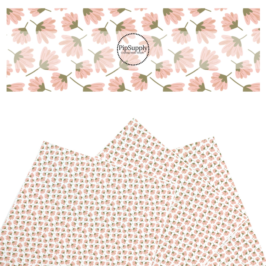 These summer faux leather sheets contain the following design elements: pink wildflowers on white. Our CPSIA compliant faux leather sheets or rolls can be used for all types of crafting projects.