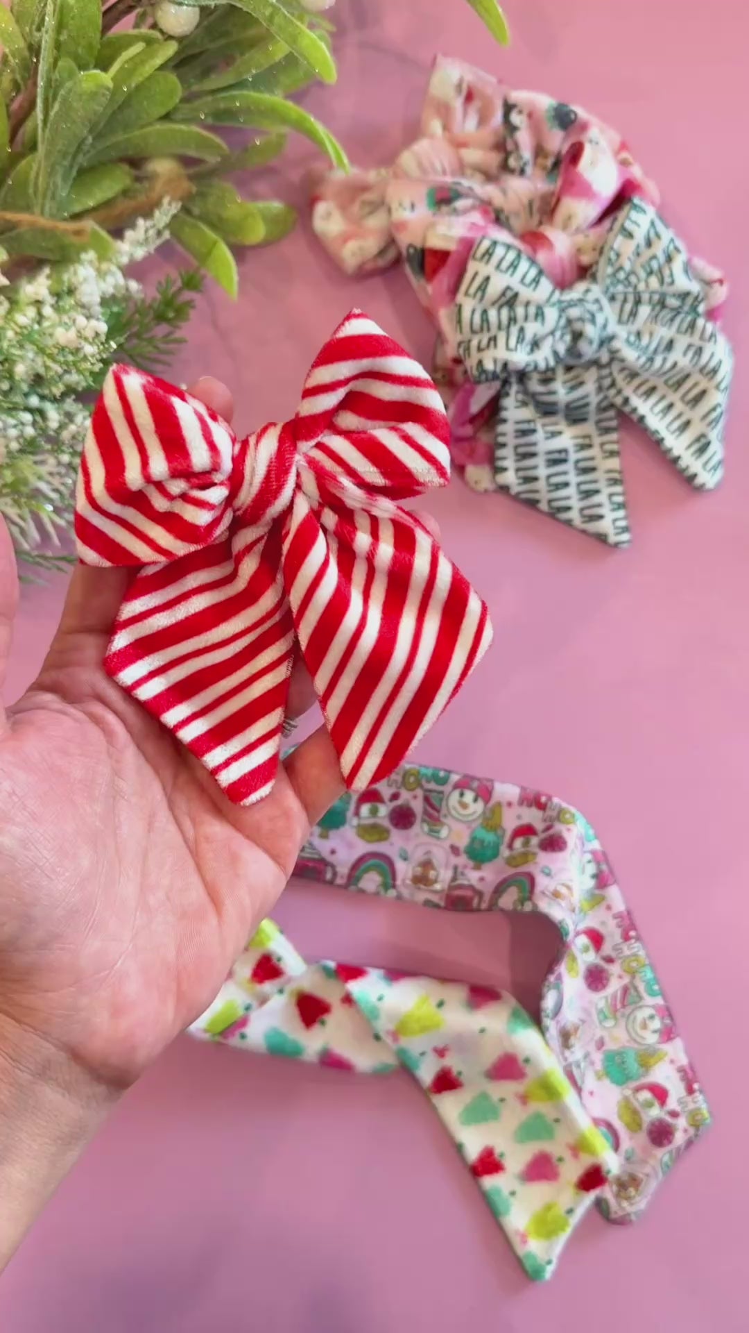 Each Christmas themed pack includes four untied, flat VELVET Ruth bows printed with the same pattern shown in the picture. The set of 4 hair bow strips are the same pattern and make two piggie sets. They will come untied and will need to be tied into a finished bow and attached to a clip or headband. Headbands and clips sold separately. Recommended clip size is 1.75” or 2.375” alligator metal or plastic clip.