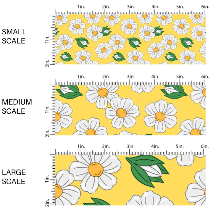 This scale chart of small scale, medium scale, and large scale of this summer fabric by the yard features white flowers on yellow. This fun themed fabric can be used for all your sewing and crafting needs!