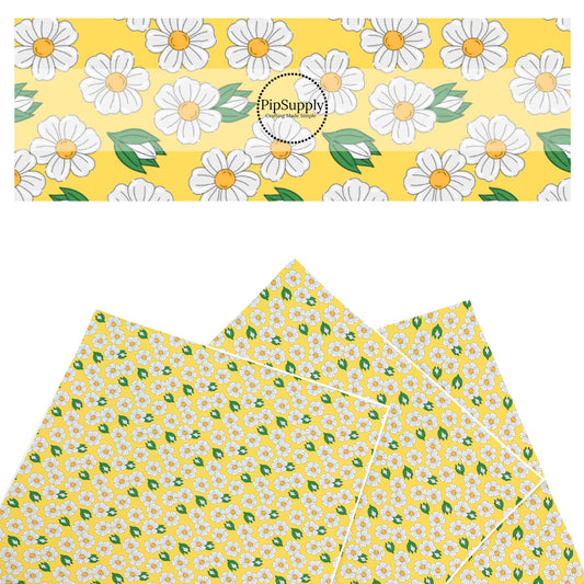 These summer faux leather sheets contain the following design elements: white flowers on yellow. Our CPSIA compliant faux leather sheets or rolls can be used for all types of crafting projects.