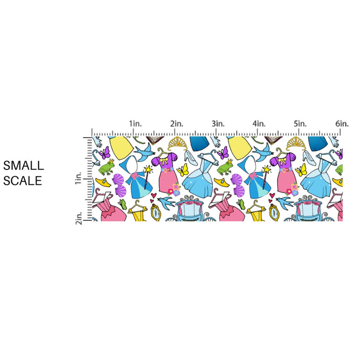 These magical princess themed fabric by the yard features dresses, carriages, crowns, and princess accessories. This fun pattern fabric can be used for all your sewing and crafting needs!